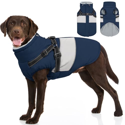SUNFURA Hundejacke, großer Hundemantel mit integriertem Geschirr, warme Haustier-Winterjacke, Schneemantel mit Reißverschluss, Pelzkragen, wasserdichter Fleece-Schneeanzug für Französische Bulldogge von SUNFURA