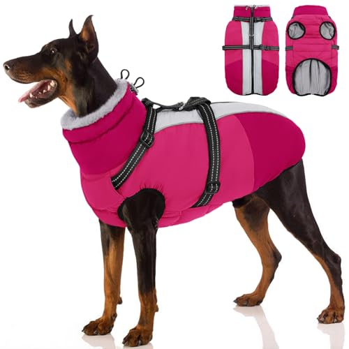 SUNFURA Hundemantel, Hundejacke für große Hunde mit integriertem Geschirr, warmer Haustier-Wintermantel, Reißverschluss, Schneejacke mit Pelzkragen für Boston Terrier, Französische Bulldoggen, Hot von SUNFURA