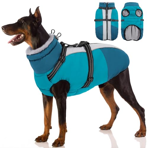 SUNFURA Hundemantel, Hundejacke für große Hunde mit integriertem Geschirr, warmer Haustier-Wintermantel, Reißverschluss, Schneejacke mit Pelzkragen für Boston Terrier, Französische Bulldoggen, Türkis von SUNFURA