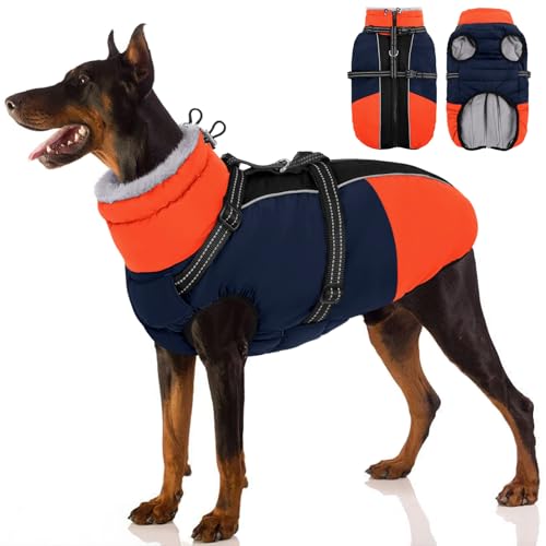 SUNFURA Hundemantel, Hundejacke für große Hunde mit integriertem Geschirr, warmer Haustier-Wintermantel, Reißverschluss, Schneejacke mit Pelzkragen für Boston Terrier, Französische Bulldoggen, Blau, L von SUNFURA