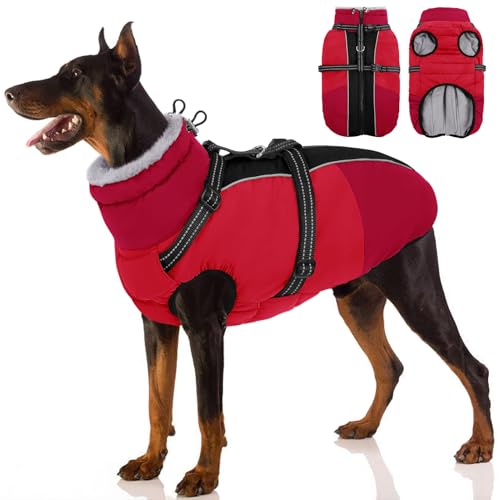 SUNFURA Hundemantel, Hundejacke für große Hunde mit integriertem Geschirr, warmer Haustier-Wintermantel, Reißverschluss, Schneejacke mit Pelzkragen für Boston Terrier, Französische Bulldoggen, Rot von SUNFURA