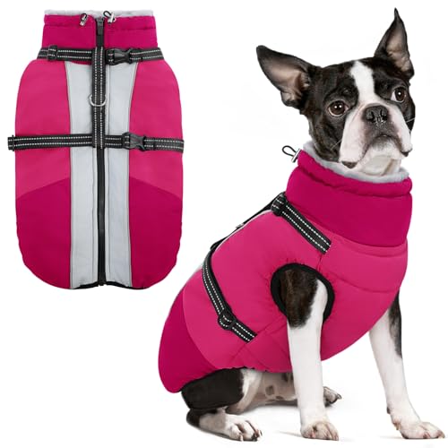 SUNFURA Hundemantel für kleine Hunde, warme Hunde-Winterjacke mit integriertem Geschirr, wasserdichte Haustier-Schneejacke, Fleece, kaltes Wetter, Mäntel für Welpen, Chihuahua, Malteser, Hot Pink XS von SUNFURA