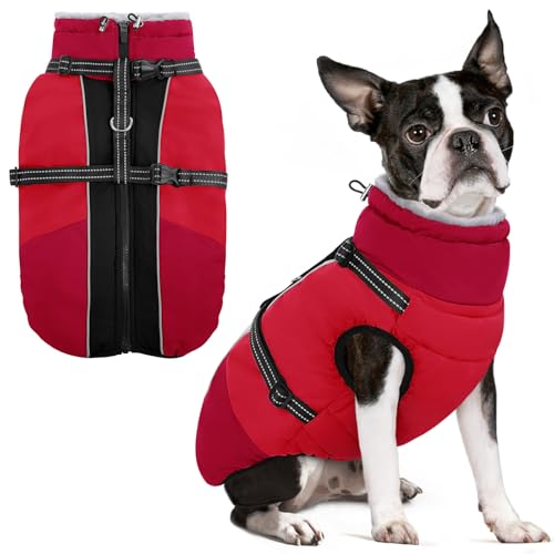 SUNFURA Hundemantel für kleine Hunde, warme Hunde-Winterjacke mit integriertem Geschirr, wasserdichte Haustier-Schneejacke, Fleece, kaltes Wetter, Mäntel für Welpen, Chihuahua, Malteser, Rot, XS von SUNFURA