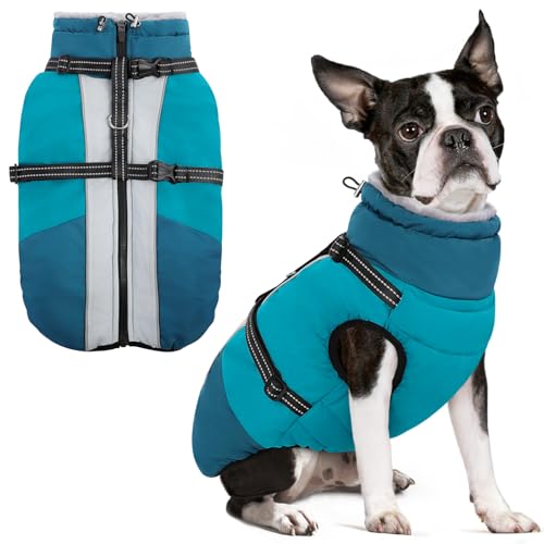 SUNFURA Hundemantel für kleine Hunde, warme Hunde-Winterjacke mit integriertem Geschirr, wasserdichte Haustier-Schneejacke, Fleece, kaltes Wetter, Mäntel für Welpen, Chihuahua, Malteser, Türkis, XS von SUNFURA
