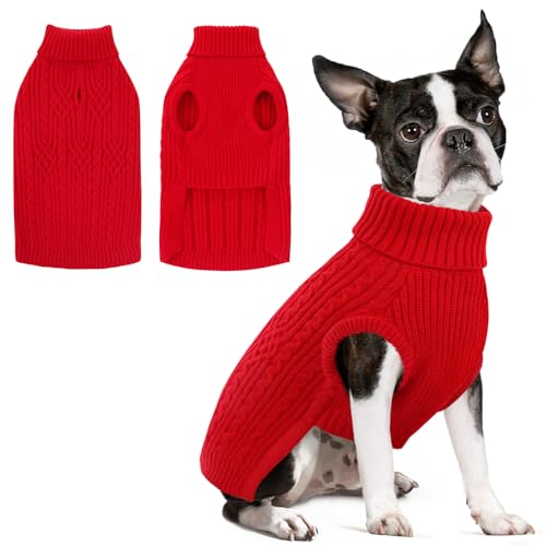 SUNFURA Hundepullover, Hundepullover für mittelgroße Hunde, Mädchen und Jungen, warmer, weicher Pullover für Herbst und Winter, einfarbig, Rollkragen-Strickwaren für Mops, Yorkie, Boston Terrier, Rot von SUNFURA