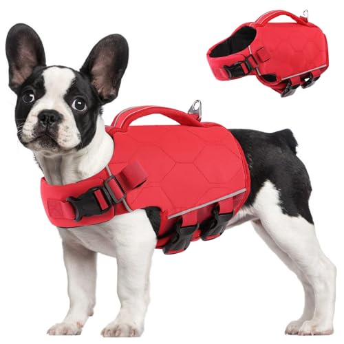 SUNFURA Hundeschwimmweste, verstellbare Schwimmwesten für kleine, mittelgroße Hunde, reflektierende Schwimmwesten für Hunde, leicht, mit hohem Auftrieb, für Schwimmen, Bootfahren, Rot, Größe S von SUNFURA
