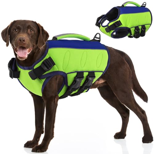 SUNFURA Hundeschwimmweste groß, reflektierende Hundeschwimmweste zum Schwimmen Bootfahren mit Rettungsgriff, verstellbare Schwimmweste für kleine, mittelgroße und große Hunde, Grün XL von SUNFURA