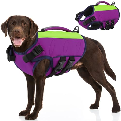 SUNFURA Hundeschwimmweste groß, reflektierende Hundeschwimmweste zum Schwimmen Bootfahren mit Rettungsgriff, verstellbare Schwimmweste für kleine, mittelgroße und große Hunde, Lila, 2XL von SUNFURA