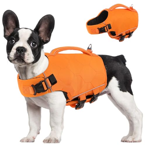 SUNFURA Hundeschwimmweste zum Schwimmen, mittelgroße Hundeschwimmwesten mit hoher Schwimmfähigkeit, reflektierende Hunde-Schwimmwesten, leicht, mit Rettungsgriff für kleine, mittelgroße Hunde, Orange, von SUNFURA