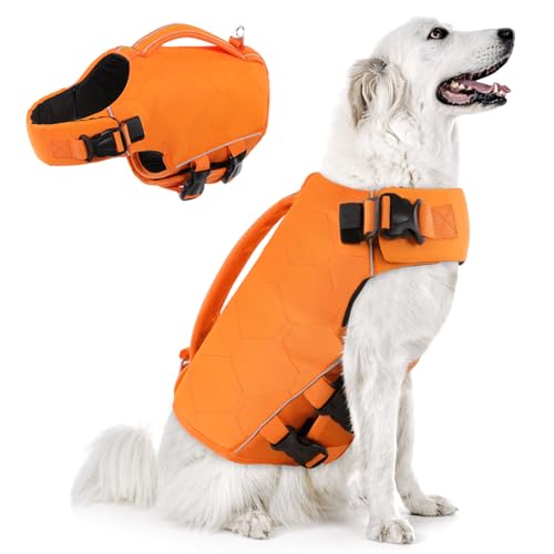 SUNFURA Hundeschwimmwesten für Bootfahren, verstellbare große Hundeschwimmwesten mit hoher Flotation, reflektierende Hundeschwimmweste, XL, Hunde-Lebensretter mit Rettungsgriff für XL-Hunde, Orange XL von SUNFURA