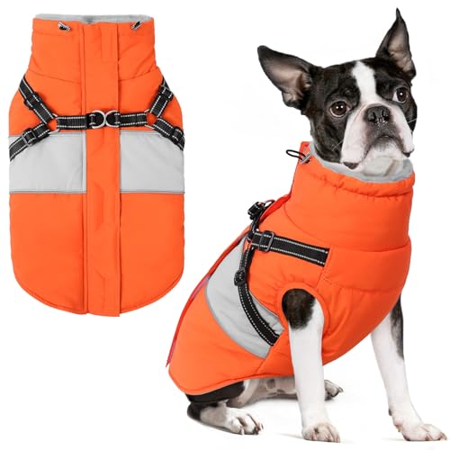 SUNFURA Kleiner Hundemantel mit eingebautem Geschirr, warme Hundejacke für den Winter, mit Reißverschluss auf der Rückseite, wasserdichte Haustier-Schneejacke, Schneeanzug, Haustierpullover, Kleidung von SUNFURA
