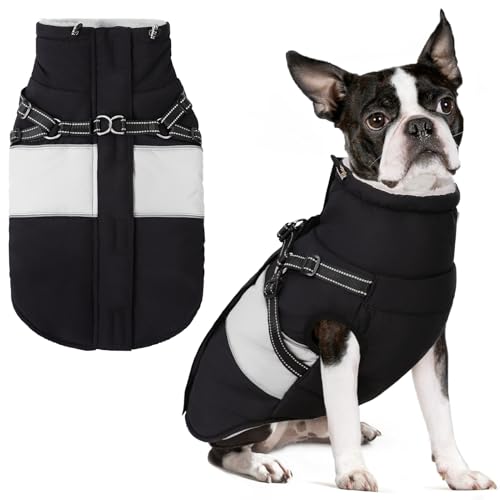 SUNFURA Kleiner Hundemantel mit eingebautem Geschirr, warme Hundejacke für den Winter, mit Reißverschluss auf der Rückseite, wasserdichte Haustier-Schneejacke, Schneeanzug, Haustierpullover, Kleidung von SUNFURA