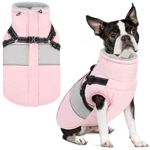 SUNFURA Kleiner Hundemantel mit integriertem Geschirr, warme Hundejacke für den Winter, mit Reißverschluss auf der Rückseite, wasserdichte Haustier-Schneejacke, Schneeanzug, Haustierpullover, Kleidung von SUNFURA