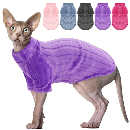 SUNFURA Pullover für Katzen, haarloser Sphynx-Pullover, Kätzchenpullover mit Ärmeln, warmer und weicher Katzen-Pyjama, Fleece, Sweatshirt, Jumpsuit, Rollkragen-Kleidung für Herbst und Winter, Lila von SUNFURA