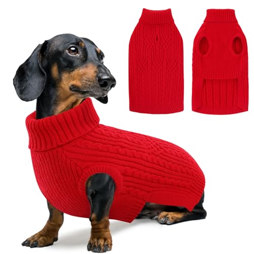 SUNFURA Pullover für kleine Hunde, Weihnachten, für Herbst und Winter, warmer Pullover mit Geschirrloch, Rollkragenpullover für Hunde, Mädchen, Jungen, Welpen-Sweatshirt, Strickwaren für Dackel, Rot von SUNFURA