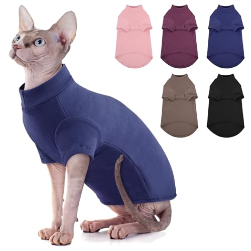 SUNFURA Rollkragenpullover für Katze, Sphynx Cats Shirt Haarlose Katzenpullover mit Ärmeln, Warmer und weicher Kätzchenpullover Fleece Winterschlafanzug Overall für Welpen Katzen, Navy M von SUNFURA