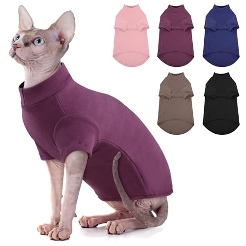 SUNFURA Rollkragenpullover für Katze, Sphynx Katzen Shirt Haarlose Katzenpullover mit Ärmeln, Warmer und weicher Kätzchenpullover Fleece Winterschlafanzug Overall für Welpen Katzen, Lila XL von SUNFURA