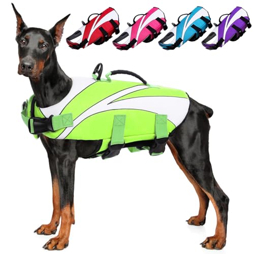 SUNFURA Schwimmweste für Hunde mit Auftrieb und Rettungsgriff, Ripstop-Welpen, Rettungsweste für kleine, mittelgroße und große Hunde, reflektierend, verstellbar, Schwimmmantel, grün, Größe L von SUNFURA