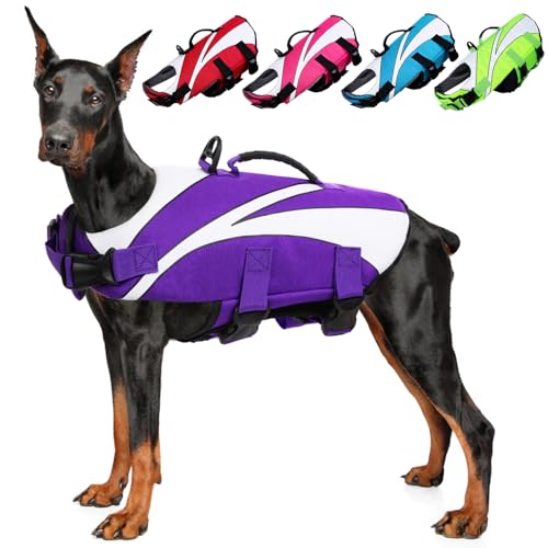 SUNFURA Schwimmweste für Hunde mit Auftrieb und Rettungsgriff, Ripstop-Welpen, Rettungsweste für kleine, mittelgroße und große Hunde, reflektierend, verstellbar, Schwimmmantel, lila, XL von SUNFURA