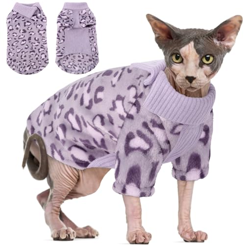SUNFURA Sphynx Katzenpullover mit Leopardenmuster, Rollkragenpullover für Katzen, Kätzchen-Wintermantel, Fleece-Pullover mit Ärmeln für haarlose Katzen, weiche dehnbare Katzen-Pyjama-Kleidung, Lila L von SUNFURA