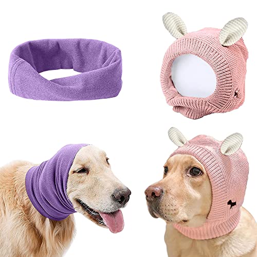 Leise Ohren für Hunde – Angst-Bell-Ohrenschützer, Muffs, Schal zum Lärmschutz – 2 x Gehör-Ohrenschützer, Feuerwerk, Anti-Angst-Hut für große Hunde, Violett und Rosa von SUNHUKUS