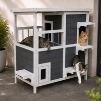 SUNNYDEALS Katzenhaus mit 2 Etagen, Holz grau-weiß von SUNNYDEALS