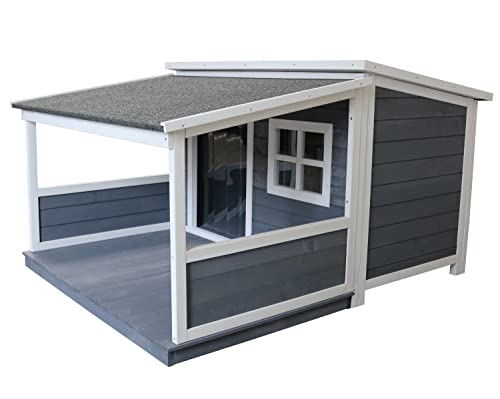 SunnyDogs Hundehütte aus Massivholz | wetterfeste Hundehütten mit Pultdach | isoliertes Hundehaus | Outdoor Hütte mit Vordach, Terrasse & Fenster | B 139 x T 115,5 x H 82 cm von SUNNYDOGS