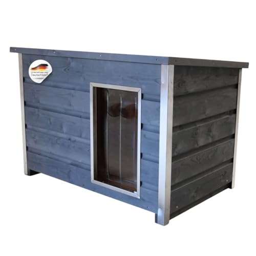 SunnyDogs Wetterfeste Holz-Hundehütte grau mit aufklappbarem Dach und 5cm dicken Wänden, 100x70x80 cm von SUNNYDOGS