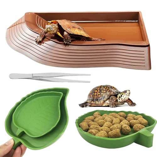 4 in 1 SchildkröTen Wasserschale Set, Landschildkröten Zubehör mit 2 Blattförmige Futterschale für Reptilien, Reptilien Wasserschale, Reptilien Wasserspender, Reptilien-Wasserschale für Eidechse von SUNOYA