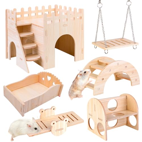 SUNOYA Spielzeug für Hamster aus Holz - 6 Stück DIY Versteck Haus Brücke Wippe Schaukel Trainingspielzeug, Zubehör für Den Käfig für Rennmäuse Ratten Zwerghamster von SUNOYA