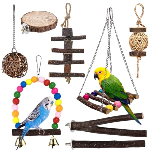 Natur Sitzstangen für Vögel,8 Stück Wellensittich Spielzeug,Papageienspielzeug Mit Holzstäbchen Und Runde Teller,Vögel Spielzeug Holz Sitzstangen Plattform Für Papageien, Love Birds,Finke von SUNOYA