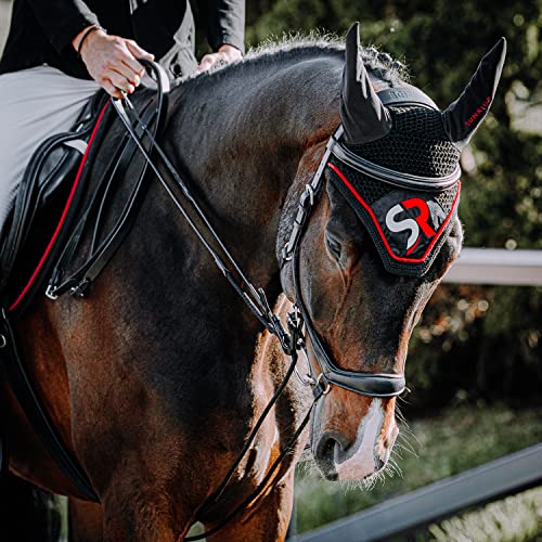 Sunride Fliegenhaube SQ - dämpft Umgebungsgeräusche, schützt vor Insekten, pflegeleicht (Pony, schwarz/rot) von SUNRIDE