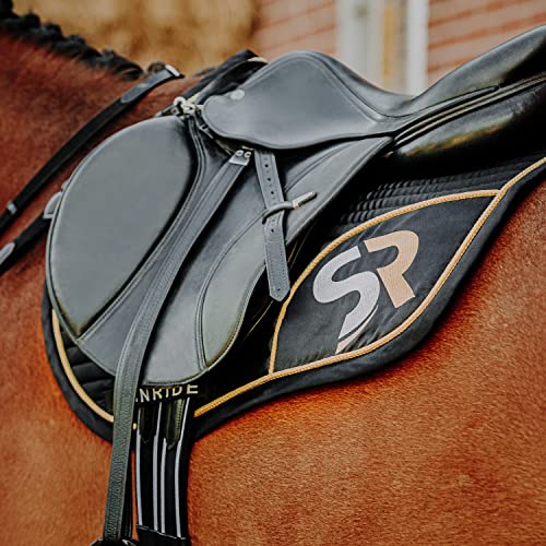 Sunride Springschabracke für Pferde - Mesh-Material als zusätzliche Belüftung gegen Hitzestau, pflegeleicht und formbeständig (Full, schwarz/Gold) von SUNRIDE