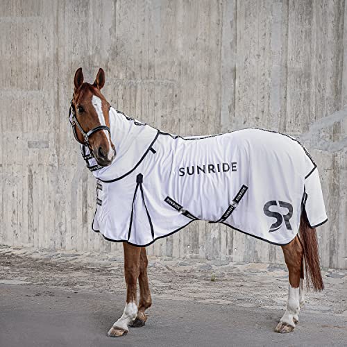 SUNRIDE Fliegendecke für Pferde (Miami) - mit abnehmbarem Halsteil - Klassische Gehfalte - mit UV-Schutz - atmungsaktiv - verstellbare Bauchgurte und Beingurte - weiß (135 cm) von SUNRIDE