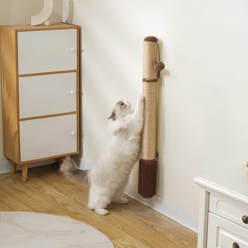 86,4 cm Wandmontierter Katzenkratzer - Extra hoher vertikaler Sisal-Kletterer mit Fellpflegebürste & hängendem Ball, platzsparendes modernes Katzenkratzbrett, Hardware enthalten, Braun 86,4 cm Wandmontierter Katzenkratzer - Extra hoher vertikaler Sisal-Kletterer mit Fellpflegebürste & hängendem Ball, platzsparendes modernes Katzenkratzbrett, Hardware enthalten, Braun von SUNRUI