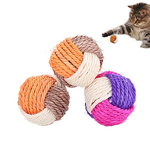 SUNTRADE Katzenspielzeug, Sisalball, Haustier-Kratzball, umweltfreundlich, interaktives Spielzeug, biss- und verschleißfest (zufällige Farbe), 3 Stück von SUNTRADE