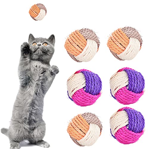 SUNTRADE Katzenspielzeug, Sisalball, Haustier-Kratzball, umweltfreundlich, interaktives Spielzeug, biss- und verschleißfest (zufällige Farbe), 6 Stück von SUNTRADE