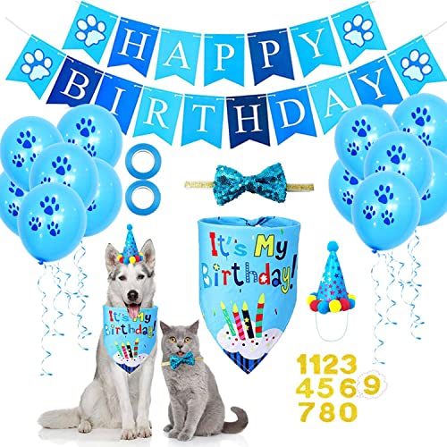Geburtstag Sparty Bandana Mützen Set für Jungen Hunde,zum 1.Geburtstag mit Einer Zahl,Hunde-Fliege,Hund Happy Birthday Banner-Paw-Druck Ballon,tolles Hunde-Geburtstags-Outfit und Party-Dekoration von SUOXU