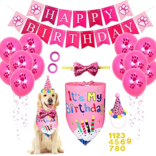 Geburtstag Sparty Bandana Mützen Set für Mädchen Hunde,zum 1.Geburtstag mit Einer Zahl,Hunde-Fliege,Hund Happy Birthday Banner-Paw-Druck Ballon,tolles Hunde-Geburtstags-Outfit und Party-Dekoration von SUOXU