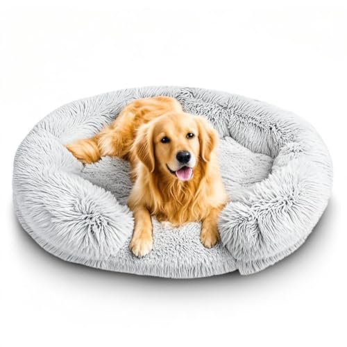 SUOXU Großes Hundebett, rutschfeste Unterseite, Anti-Angst-Plüsch, atmungsaktiv, orthopädische Deluxe-Plüsch-Hundematte, grauer, abnehmbarer Bezug mit Memory-Schaum-Unterstützung, maschinenwaschbar von SUOXU