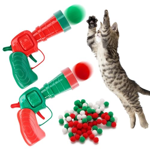 SUOXU Interaktives Weihnachts-Katzenspielzeug, Katzenball-Spielzeug-Werfer-Set, 2 Plüschbälle, Schießpistolen für Katzen und 30 weiche Pompons, bunte Geschenke für den Innenbereich, Haustier von SUOXU