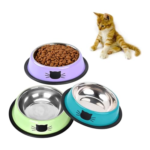 SUOXU Katzennäpfe aus Edelstahl, bunt, rutschfester Wassernapf, Welpen-Futternapf, Set mit 3 Metall-Katzennäpfen mit leiser Haustierfütterung (blau/lila/grün) von SUOXU