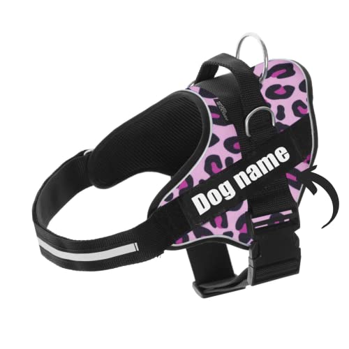 Personalisiertes Hundegeschirr - Reflektierendes und sicheres Hundegeschirr - Brustgeschirr mit 2 Namensschildern - Geschirr für kleine, Mittlere und Große Hunde (Pink Leopard, M 13-22KG) von SUPER DOGGY