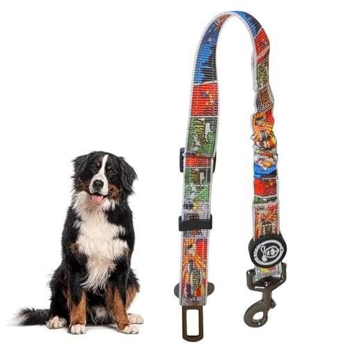 SUPER DOGGY Sicherheitsgurt für Hunde Verstellbar mit elastischer Dämpfung - Mit einzigartigen Designs für alle Fahrzeugtypen (50-75 cm) (Comic) von SUPER DOGGY