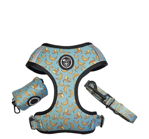SUPER DOGGY Anti-Pull-Hundegeschirr-Set mit Leine und Beutelspender, atmungsaktives Geschirr für kleine und mittelgroße Hunde, sicheres Hundegeschirr (Blue Bananas, L (11-20 KG)) von SUPER DOGGY