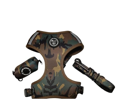 SUPER DOGGY Anti-Pull-Hundegeschirr-Set mit Leine und Beutelspender, atmungsaktives Geschirr für kleine und mittelgroße Hunde, sicheres Hundegeschirr (Camouflage, M (7-11 KG)) von SUPER DOGGY