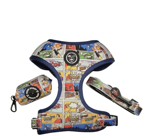SUPER DOGGY Anti-Pull-Hundegeschirr-Set mit Leine und Beutelspender, atmungsaktives Geschirr für kleine und mittelgroße Hunde, sicheres Hundegeschirr (Comic, M (7-11 KG)) von SUPER DOGGY