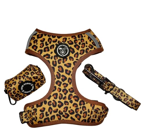 SUPER DOGGY Anti-Pull-Hundegeschirr-Set mit Leine und Beutelspender, atmungsaktives Geschirr für kleine und mittelgroße Hunde, sicheres Hundegeschirr (Leopard, M (7-11 KG)) von SUPER DOGGY