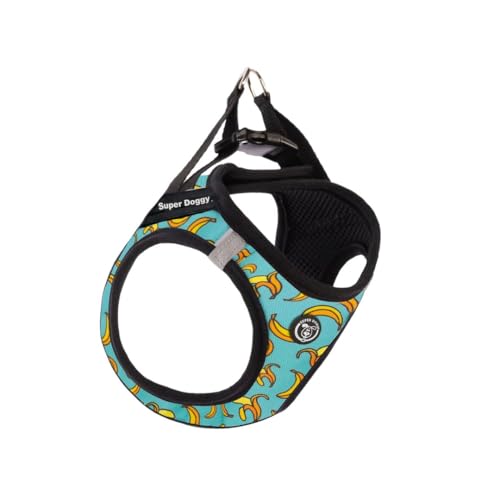 SUPER DOGGY Personalisiertes Katzengeschirr, inklusive 2 Namensschildern, verstellbar, reflektierend, weiche und atmungsaktive Weste, Anti-Ziehgeschirr für Katze (Blue Bananas, M) von SUPER DOGGY