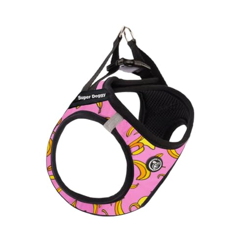 SUPER DOGGY Personalisiertes Katzengeschirr, inklusive 2 Namensschildern, verstellbar, reflektierend, weiche und atmungsaktive Weste, Anti-Ziehgeschirr für Katze (Pink Bananas, XS) von SUPER DOGGY